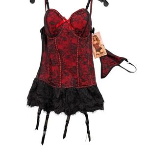 Seven Til Midnight Red Black Lace Bustier Garter Lingerie Set Large NWT Sexy